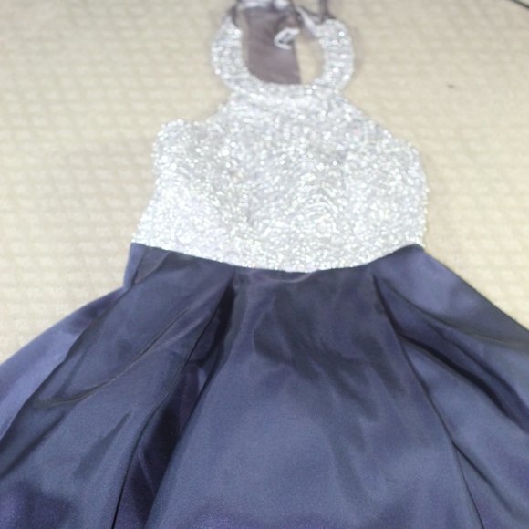 B Darlin Homecoming/Formal Silver & Navy Halter Dress - Picture 1 of 5